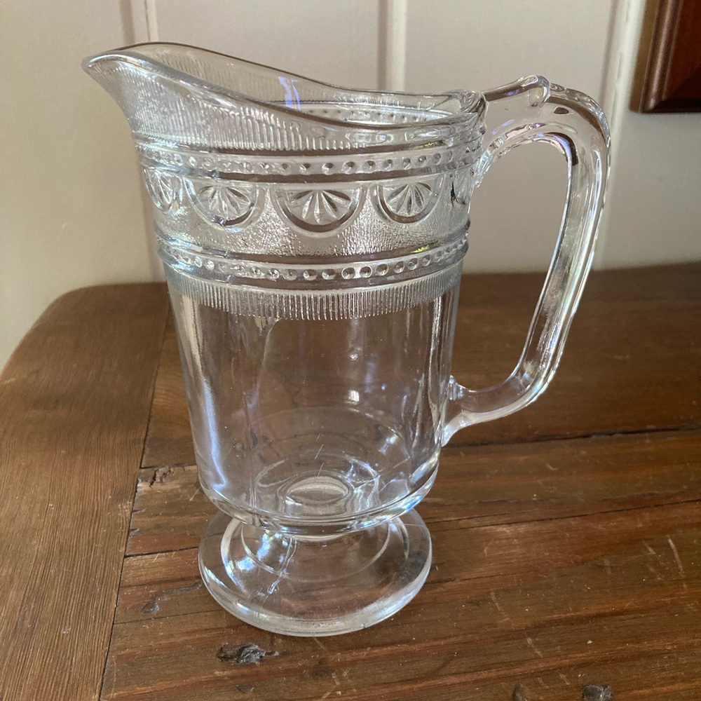 “Last Call” Vintage Pressed Glass Pitcher 7.5”
